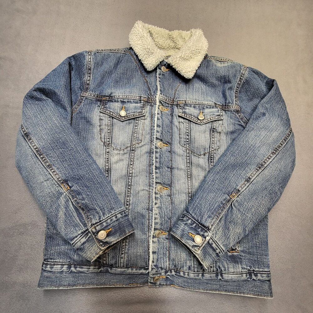 Gap Denim Jacket Mens M Blue Jean Sherpa Lined Trucker Y2K Long Sleeve